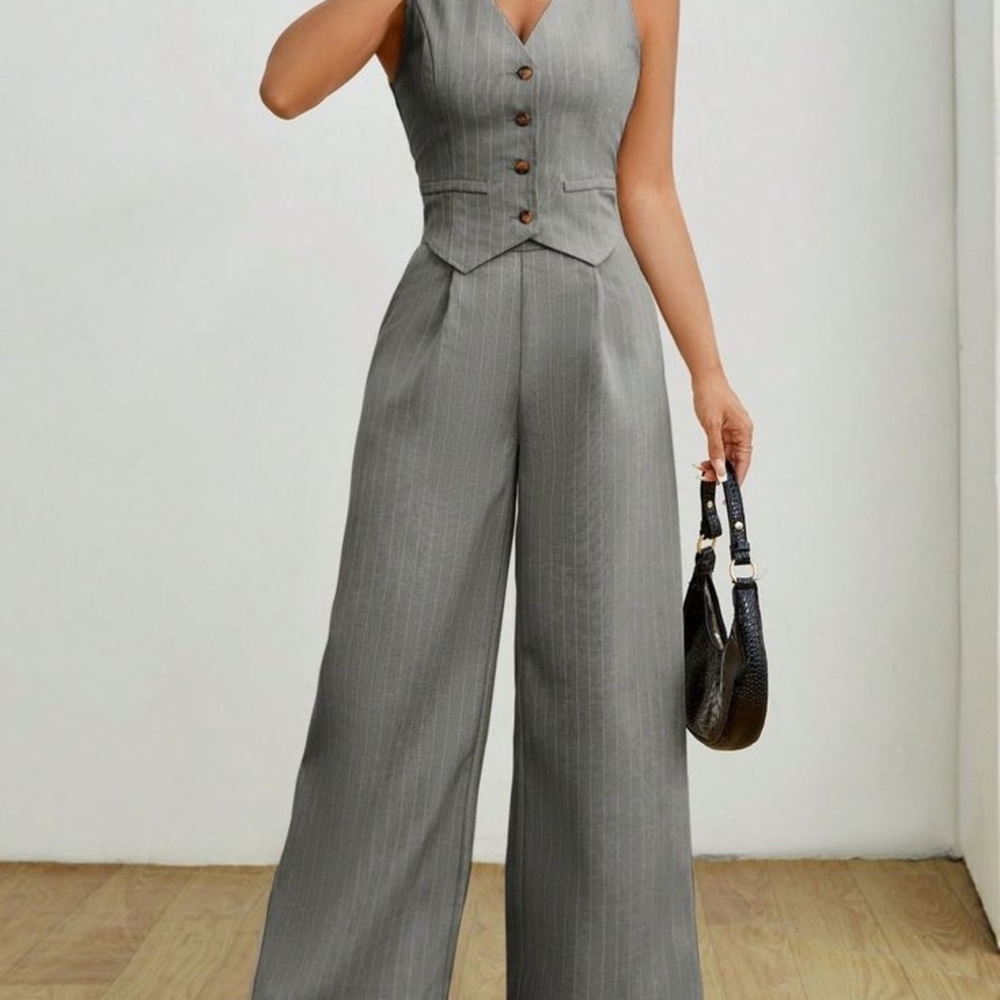 2 Piece Pinstripe Vest and Wide Leg Pants Set - Grey
